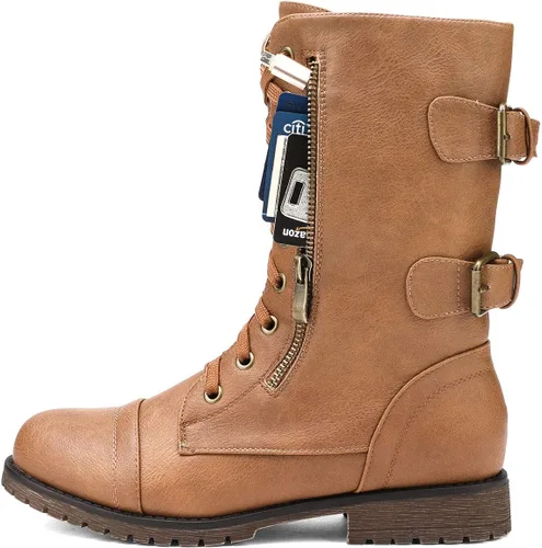 Vista 2 de DREAM PAIRS Women's Combat Boots, Mid Calf Built-in Wallet Pocket Lace up Military Ankle Booties