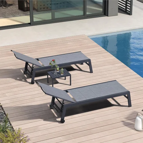 Vista 39 de PURPLE LEAF Juego de 2 tumbonas de aluminio para patio al aire libre con ruedas y mesa auxiliar, tumbona de piscina para jardín al aire libre, junto
