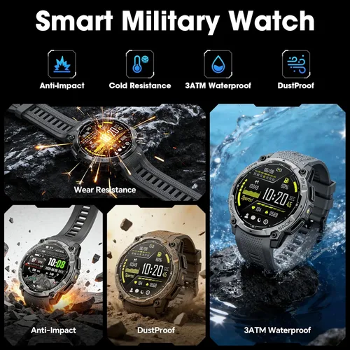 Vista 3 de Reloj inteligente militar para hombre con GPS, llamada Bluetooth AMOLED de 1.43 pulgadas, linterna LED, reloj táctico resistente para Android iOS