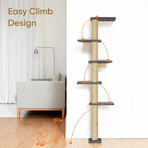 Vista 5 de PAWSCRAT Árbol para gatos montado en la pared, torre para gatos de piso a techo de 5 niveles, poste rascador para gatos montado en la pared de 80