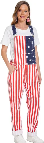 Vista 2 de Yuanbang Overol de bandera americana, con correas ajustables, para hombre, color rojo, blanco y azul, overol de mezclilla del 4 de julio