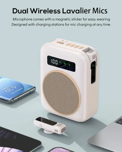 Vista 3 de Micrófono inalámbrico con amplificador de voz, amplificador de voz portátil de 2000 mAh, altavoz Bluetooth recargable con 2 micrófonos de solapa