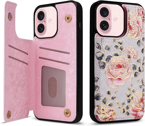 Vista 47 de UEEBAI Funda tipo cartera para iPhone 13 con tarjeteros, piel sintética, diseño floral, función atril, bloqueo RFID, doble cierre magnético, funda