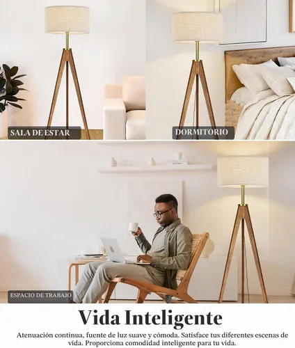Vista 6 de ELYONA Lámpara de pie para sala de estar, trípode de madera maciza de fresno con control remoto, lámpara de pie regulable sin pasos para dormitorio