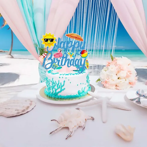 Vista 9 de Decoración de pastel de playa de verano para piscina, selección de pastel de cumpleaños, decoración de pastel de feliz cumpleaños, decoración