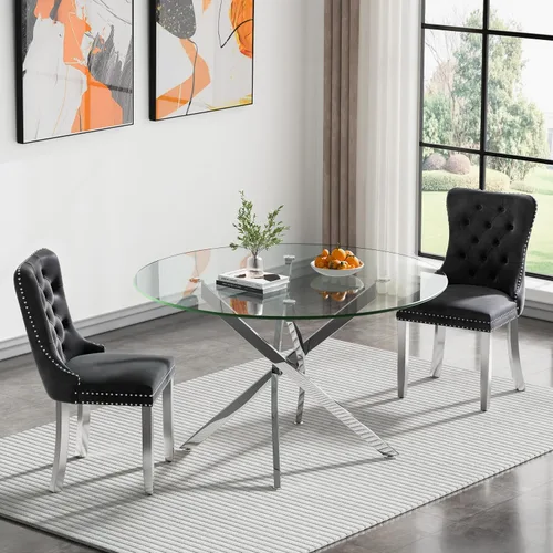 Vista 89 de Juego de mesa de comedor SSLine moderno de 3 piezas con mesa redonda de vidrio para 2, lujosa mesa de comedor circular de 36" con tapa de vidrio