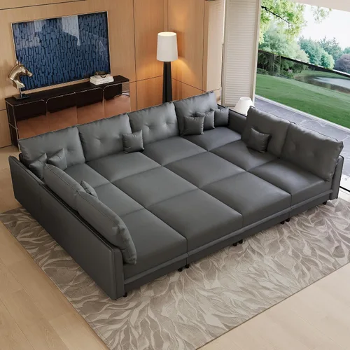 Vista 14 de LLappuil Sofá cama modular modular con almacenamiento, sofás de piel sintética de 6 plazas para sala de estar, color marrón
