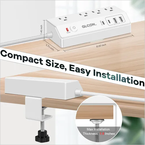 Vista 4 de Regleta de alimentación USB C 20 W PD – Protector de sobretensiones extraíble con 4 tomacorrientes 4 puertos USB – Enchufe multitoma de corriente