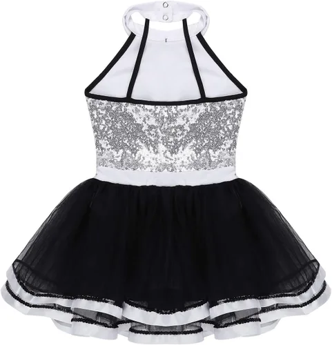 Vista 5 de Moily Leotardo de lentejuelas con cuello halter para niñas, faldas tutú, ballet, moderno, jazz, baile latino, vestido de escenario Negro&blanco