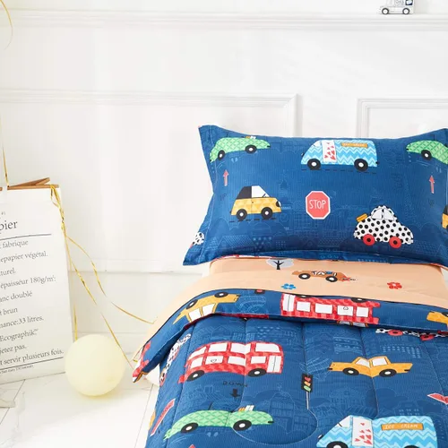 Vista 4 de Juego de ropa de cama para niños pequeños, color azul marino con autos coloridos, incluye 1 edredón para niños, sábana encimera, sábana bajera