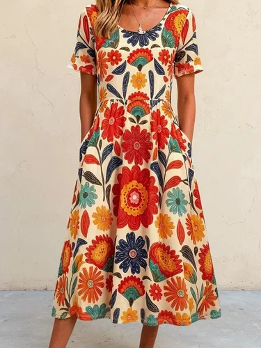 Vista 8 de Vestido largo con estampado floral para mujer, manga corta, con bolsillos, para uso casual de verano