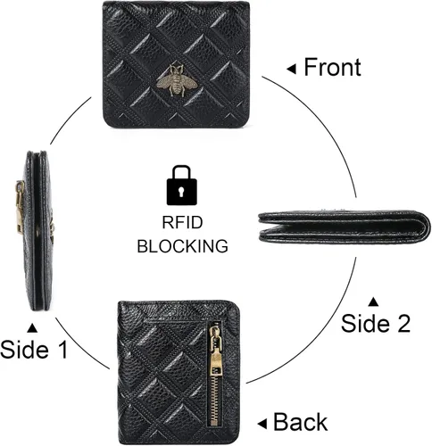 Vista 5 de Billetera para mujer, con bloqueo RFID, pequeña, compacta, plegable, de piel auténtica, con bolsillo, mini carteras para mujeres