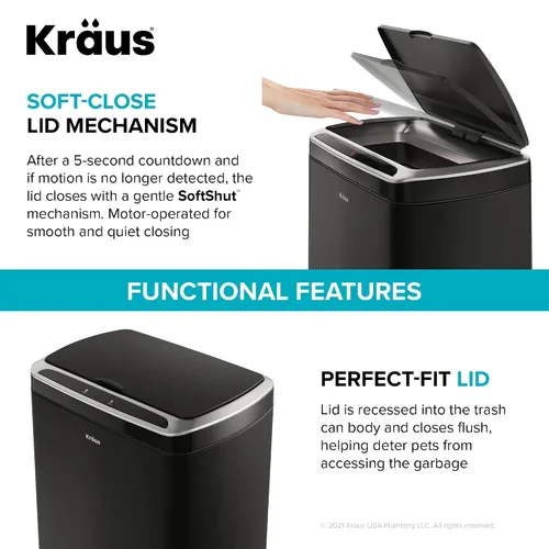 Vista 13 de Kraus GarbagePro Bote de basura rectangular de 13 galones manos libres con sensor de movimiento operado por batería en acabado negro mate con tapa