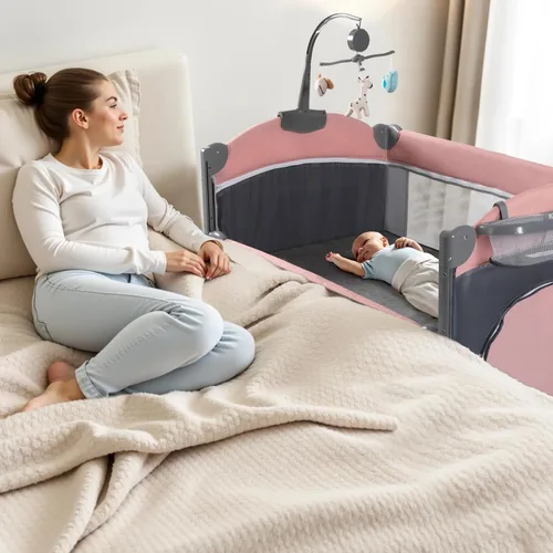 Vista 8 de Soobaby Cuna de bebé 5 en 1, cuna de noche, paquete y juega con moisés y cambiador, caja de música portátil de viaje, cuna de viaje portátil