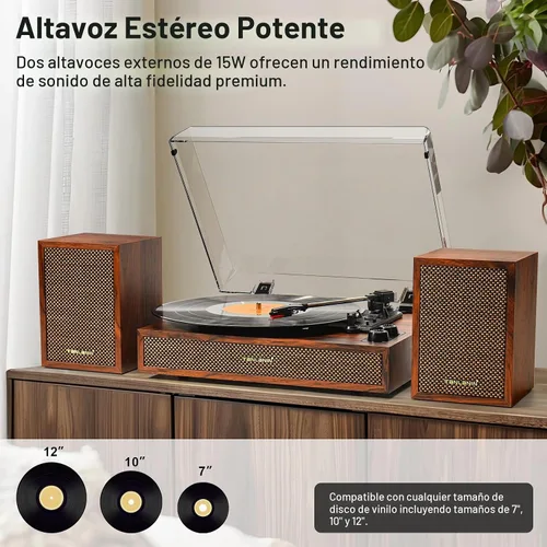 Vista 3 de Tocadiscos de vinilo con altavoces externos, tocadiscos estéreo vintage de 3 velocidades para discos de vinilo, entrada Bluetooth, parada automática