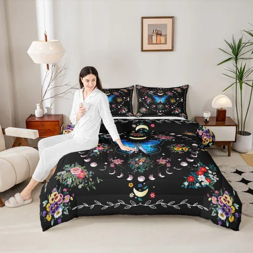 Vista 27 de Juego de edredón de champiñones para niños, tamaño individual, juego de ropa de cama romántica con sol, luna, cielo estrellado y galaxia, decoración