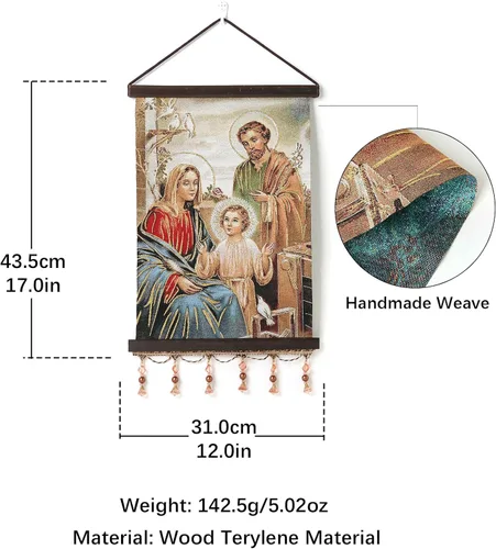 Vista 6 de HZMAN Holy Family Jesús María José Pintura Retro Hecho a Mano Tejido Arte de Pared Decoración Estética Imagen para Sala de estar Dormitorio Marco