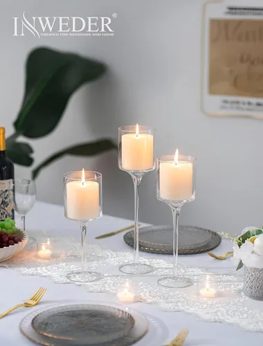 Vista 6 de Portavelas de cristal alto: portavelas flotantes de tallo largo para velas votivas y pilares grandes centros de mesa transparentes para boda, mesa