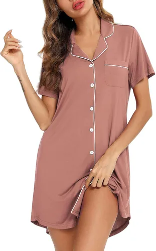 Vista 48 de Samring Camisón de pijama para mujer, manga corta/larga, con botones, camisón para dormir, camisón para novio, talla XXL