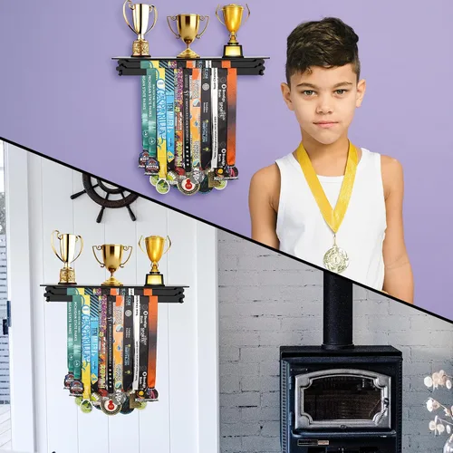 Vista 6 de Cosmos Soporte de exhibición de medallas de acrílico, organizador de trofeos y taza de trofeos, estante flotante de montaje en pared para premios