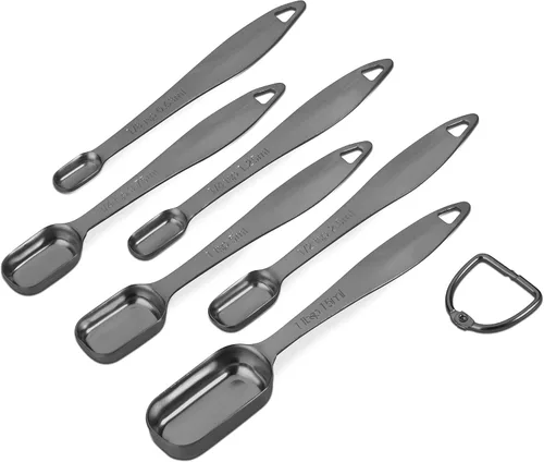 Vista 2 de Juego de 6 cucharas medidoras de acero inoxidable 18/8 precisas, resistente con buen mango, con conector de anillo, color gris oscuro