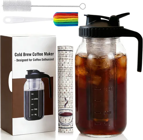 Vista 9 de Cafetera de cerveza fría, jarra de tarro Mason de 64 onzas con tapa hermética y filtro de acero inoxidable, tarro de vidrio de boca ancha de 1