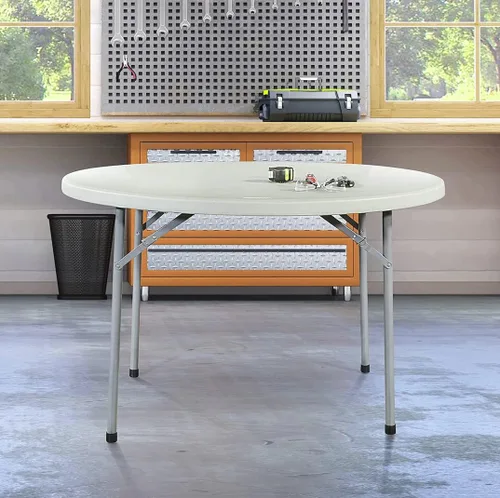 Vista 6 de Pack 4! Mesa plegable de 48 pulgadas, mesa plegable blanca de 4 pies, mesa de granito para exteriores, mesa circular de plástico, mesa plegable de 4