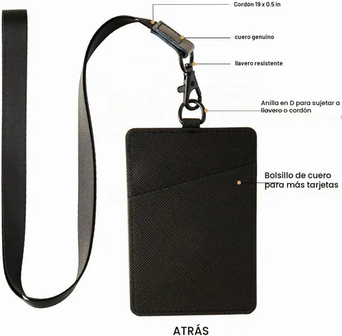 Vista 2 de Portatarjetas con cordón, tarjetero de cuero para identificación, tarjetero de ID con cordón vertical para oficina de trabajo (negro)