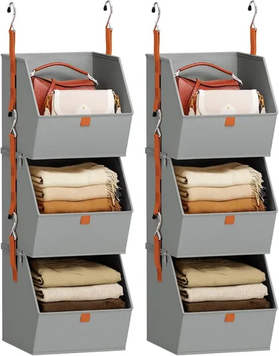 Vista 14 de Homsorout Organizador plegable para armario, sistema de almacenamiento de 3 niveles con ganchos, contenedores de almacenamiento colgantes de tela