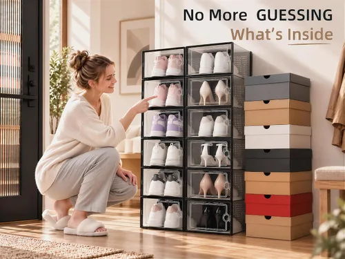 Vista 4 de Kuject Cajas de almacenamiento de zapatos grandes, 12 unidades, organizador Negro