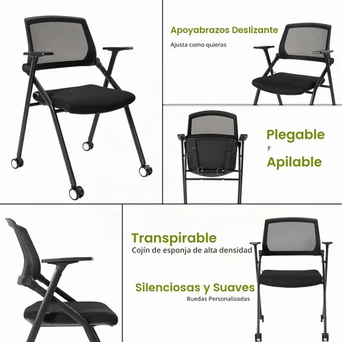 Vista 5 de Paquete de 2 sillas plegables de oficina para sala de conferencias con ruedas, apilables, color negro, silla de computadora con brazos deslizantes