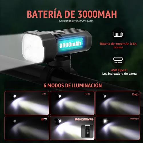 Vista 3 de Bike Light for Night Riding, 2000LM/1000LM Bicycle Headlight & Taillight, Multiple Modes,3000mAh/2000mAh USB C Rechargeable Waterproof LED Bright