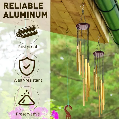 Vista 4 de 6 carillones de viento conmemorativos de tono profundo con 6 tubos de aluminio, tubos de aluminio dorado, melodía calmante para jardín, patio