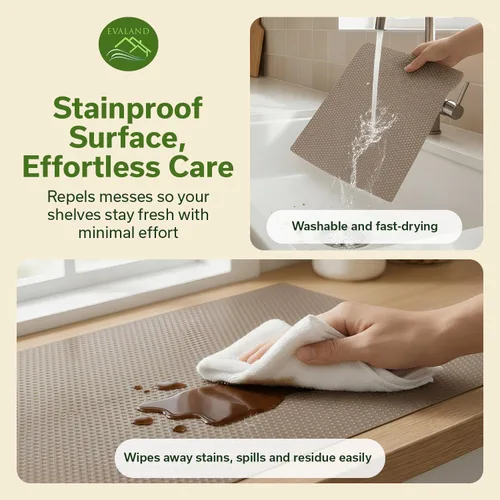 Vista 5 de EVALAND Revestimientos de estantes para gabinetes de cocina sin adhesivo de 12" x 33 pies, color beige, forro para cajones antideslizante, lavable