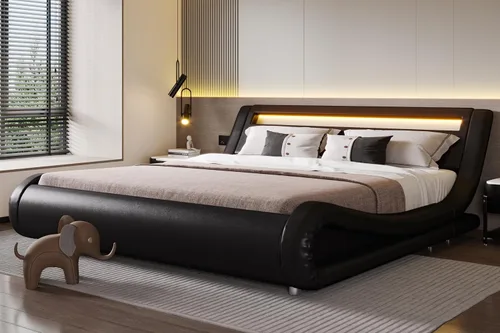 Vista 12 de SHA CERLIN - Marco de cama de tamaño matrimonial con cabecera LED tapizada moderna, color negro Low Profile Sleigh Design, Adjustable Headboard