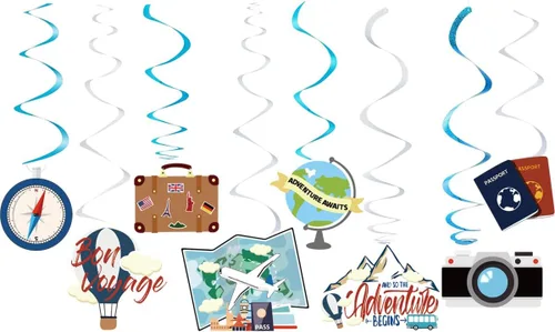 Vista 4 de 30 decoraciones de fiesta de espirales colgantes con temática de viaje, suministros de fiesta para fiesta de cumpleaños, fiesta de jubilación