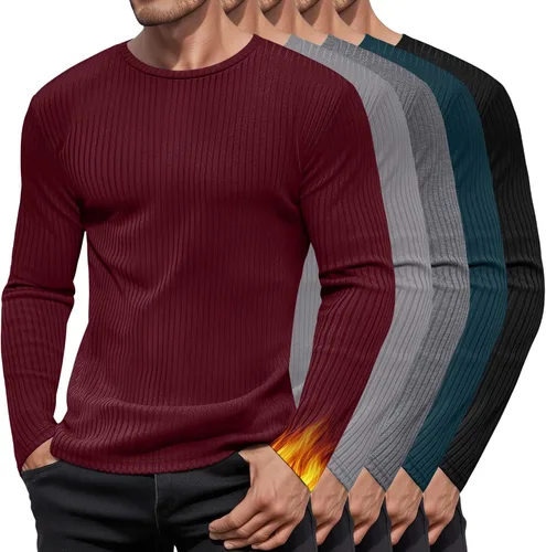 Vista 16 de Paquete de 5 camisas térmicas de algodón para hombre, manga larga, acanaladas, cuello redondo, ajustadas, suéter casual