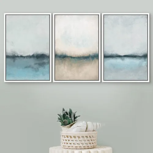 Vista 112 de SIGNFORD - Set de obras de arte en lienzo enmarcado para pared, ilustraciones abstractas de neblina del desierto en tonos neutros beige y marrón