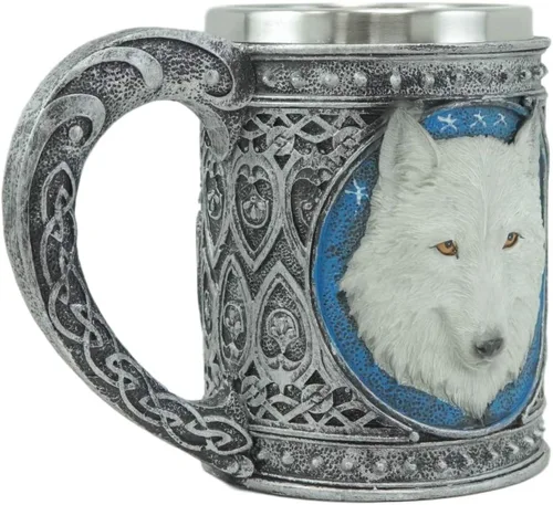 Vista 3 de Ebros Gift Taza grande de 24 onzas con diseño de lobo de nieve blanco celta con diseño de lobo de nieve con caja fuerte para alimentos, taza
