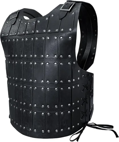Vista 4 de HiiFeuer Armadura medieval de cuero tachonada con armadura de muslo y protectores de brazos mercenarios, disfraz retro de piel sintética para LARP