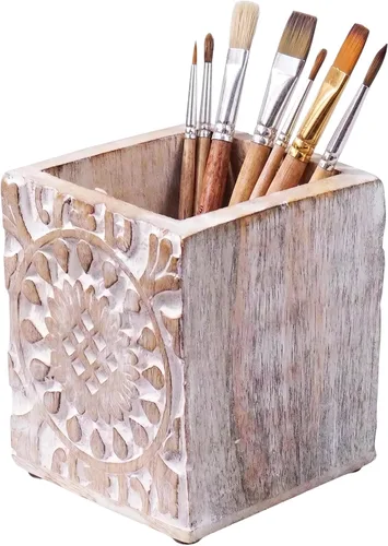 Vista 10 de Mela Artisans Serena - Organizador de escritorio de madera blanqueada de 13 x 8.5 pulgadas, soporte de correo de madera de mango con 5