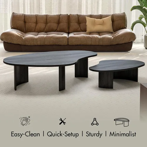 Vista 5 de Hyfirm Juego de mesa de centro anidable irregular negra con patas de madera estriada Tapas de chapa de fresno, patas de madera maciza acanaladas