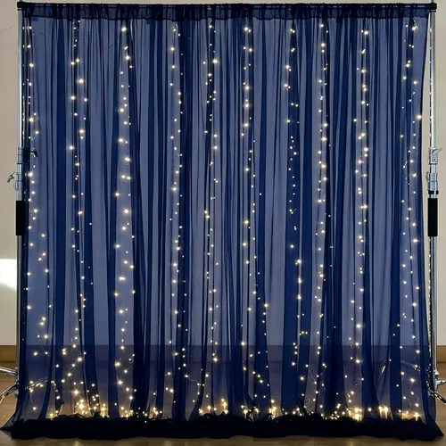 Vista 14 de Cortina de telón de fondo de tul negro de 10 x 10 pies con cadena de luces para fiestas, cortinas de fondo de fotos transparentes para bodas