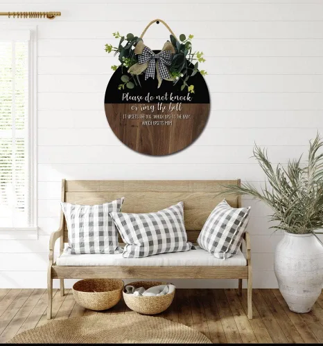 Vista 5 de Letrero para puerta delantera, coronas divertidas, decoración de placa de madera para colgar, decoración redonda de madera rústica, decoración
