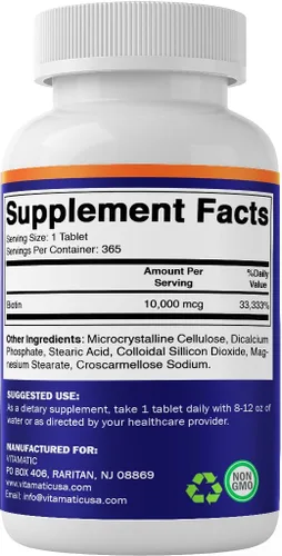 Vista 7 de Vitamatic Biotina 10,000 mcg (10 mg) para cabello, piel y uñas más fuertes - 365 tabletas veganas - también llamada vitamina B7