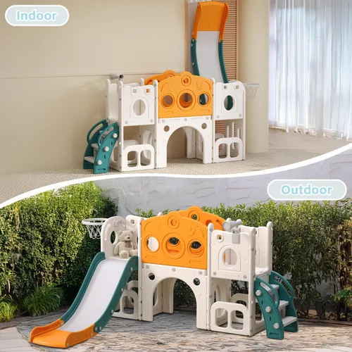 Vista 5 de Tobogán 8 en 1 para niños pequeños, juego para interiores y exteriores para niños de 1 a 3 años, tobogán escalador con espacio de almacenamiento