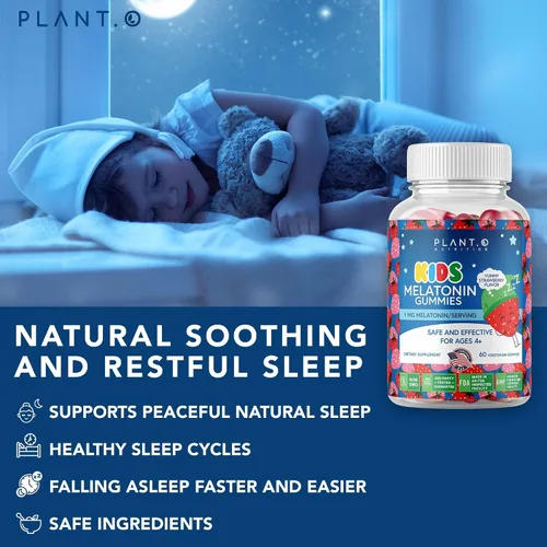 Vista 3 de Gomitas de melatonina para niños [duerme más rápido con gomita con sabor a crema de fresa 100% libre de medicamentos] para apoyo natural al sueño