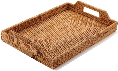 Vista 14 de YANGQIHOME Bandeja de ratán tejida a mano de 14.6 pulgadas con asas, bandeja rectangular de mimbre para mesa de café, desayuno, bebidas, frutas