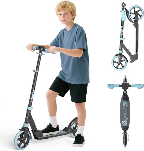 Vista 7 de SIMATE Patinete de impulso para niños, adolescentes y adultos, 4 alturas ajustables, ruedas grandes todo terreno de 8 pulgadas, plegable y ligero