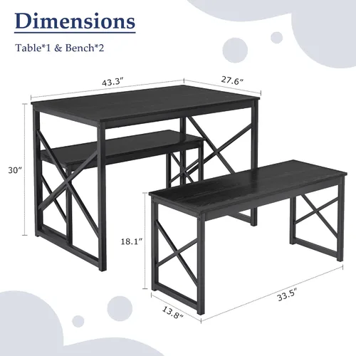 Vista 2 de VECELO Juego de Mesa de Comedor de Cocina con Bancos para 4, Mesa de Comedor de Madera de 43.3" con 2 Bancos, Mesa de Comedor de Alta Resistencia